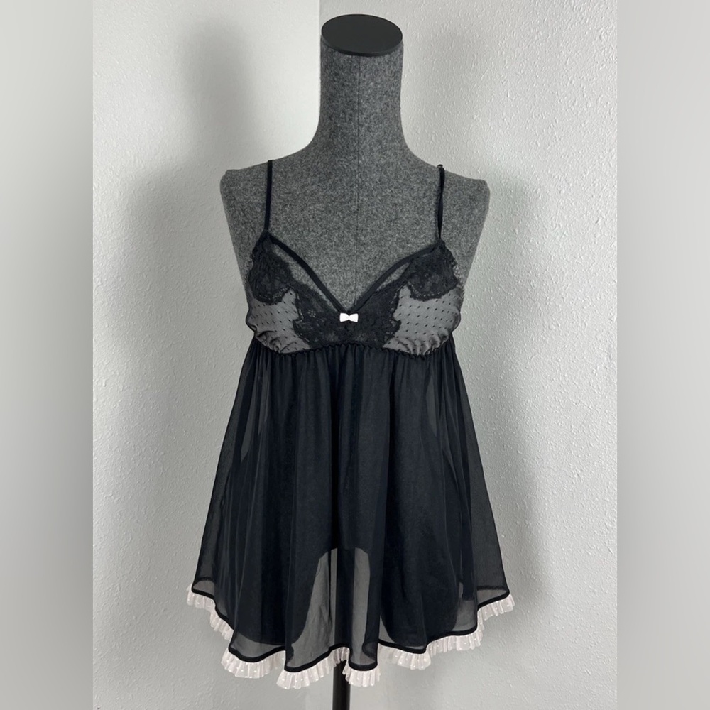 Victoria's Secret Black Pink Polka Dot Lace Trim Baby Doll Negligee Size Small